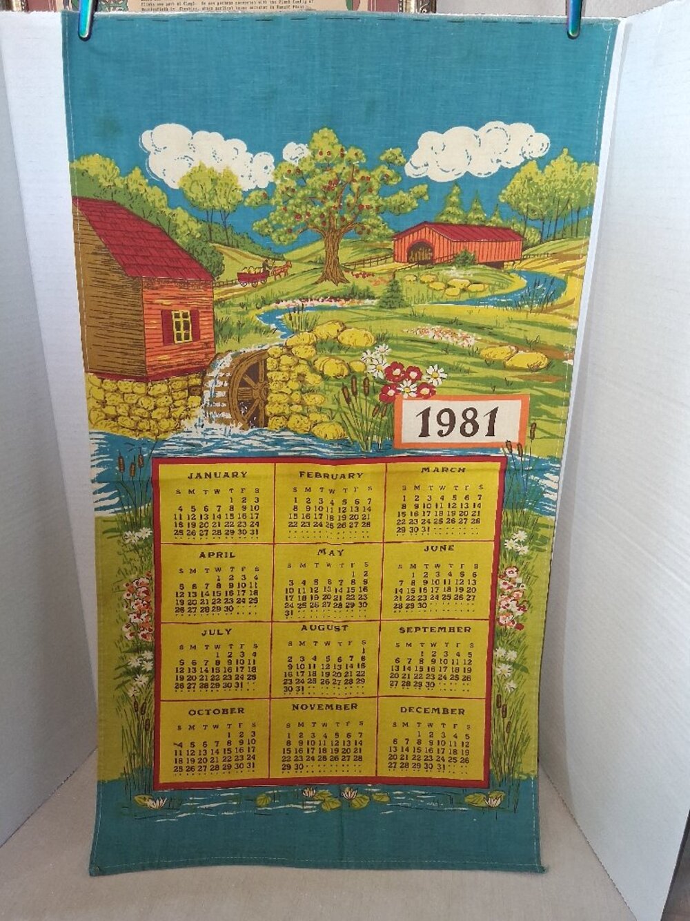 Vintage MCM Country Farm Calendar Tea Towel Colorful Apple Trees Covered Bridge